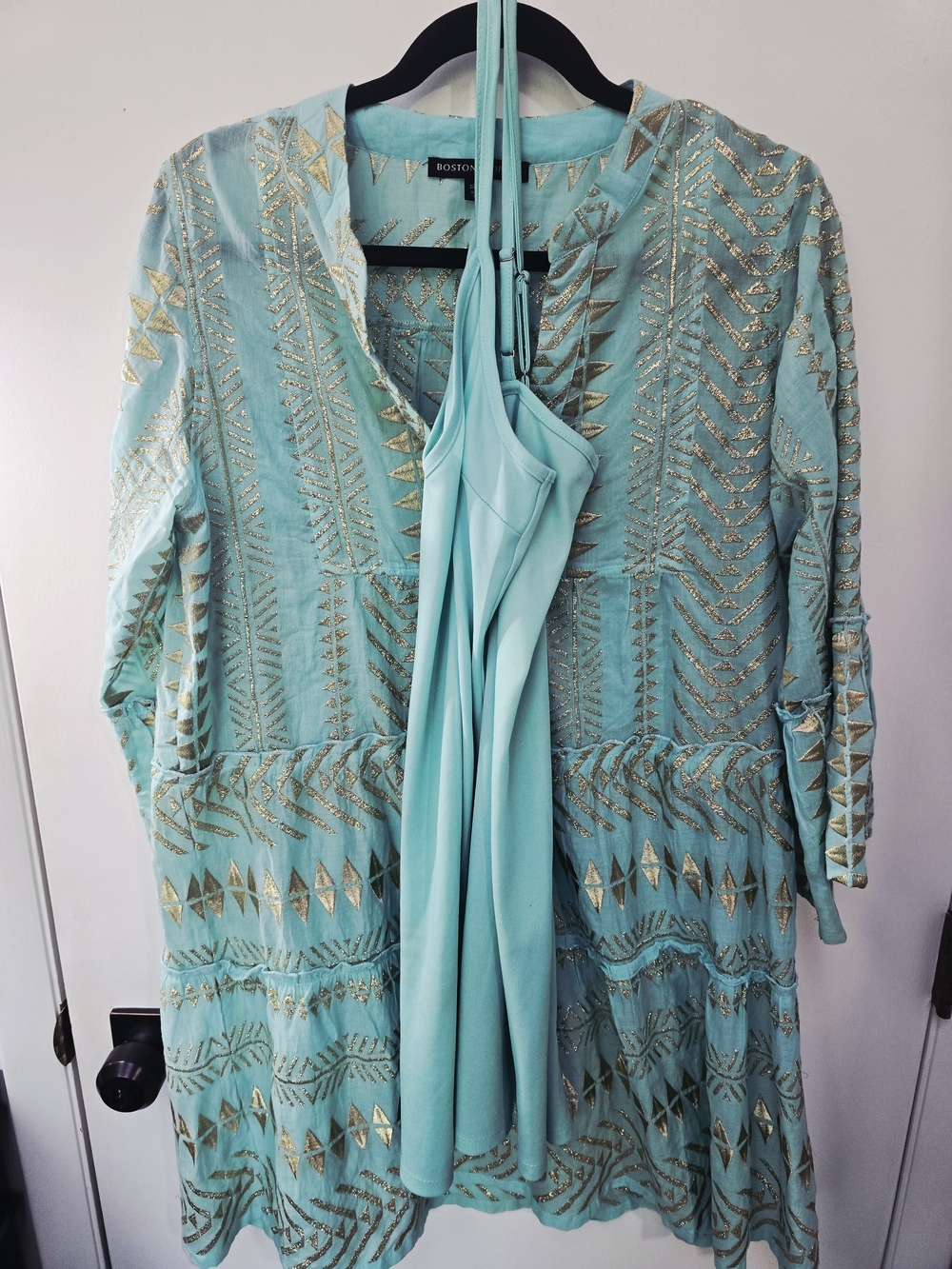 Boston Proper Turquoise Long Sleeve V Neck Minidress W Gold Embroidery-Med - Picture 15 of 16